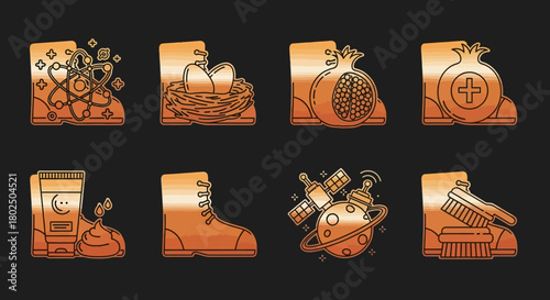 Gradient outline icons: science, health, space, and skincare elements collection