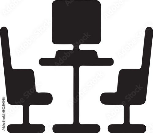 Virtual Meeting Business Icon. Online Discussion or Interview Setup with Two Chairs and Computer Monitor on Table.