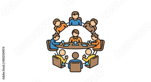 Collaborative business meeting around circular table with laptops and diverse team