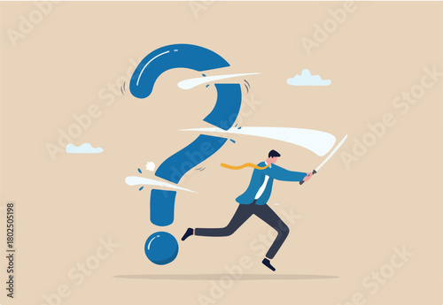 Problem solution, solve question mark, uncertainty or confusion, advice decision or challenge to overcome issue, trouble or difficulty concept, businessman cut question mark metaphor of resolution. 
