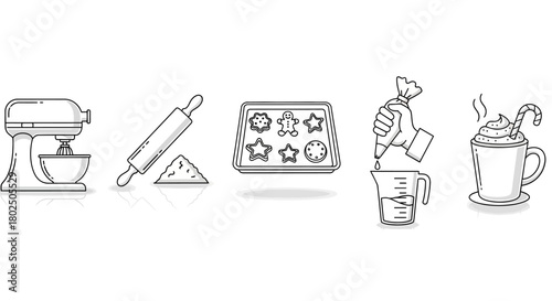 Baking essentials: mixer, rolling pin, cookie tray, piping, hot cocoa line art