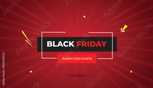 black friday warm discounts banner vector art template badge label gray red shapes white bold text dark red light sun shine abstract business background design icon