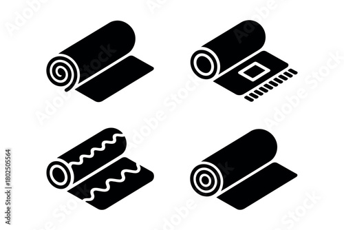 Four isometric icons of rolled carpets with different patterns and designs.