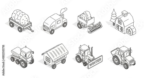 Isometric farm and winter scene with tractors, houses, and vehicles