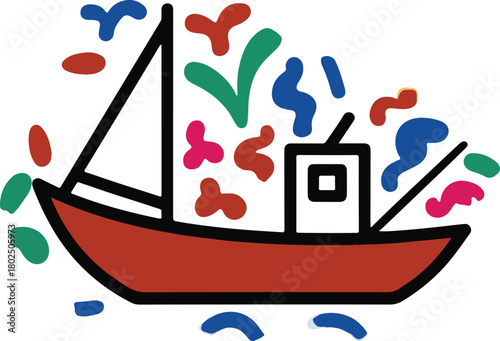 Colorful abstract illustration of a sailboat with vibrant shapes and a white cabin