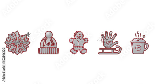 Winter icons collection: snowflake, wool hat, gingerbread, mittens, hot cocoa celebrating cozy season
