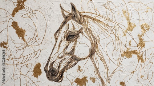 Golden Horse in Continuous Ink Line with Abstract Calligraphy on Textured Canvas