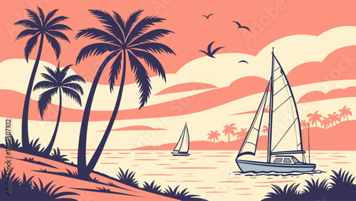 “Key West sunset with sailboats and palms, tropical vector”