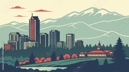 “Downtown Denver with skyline and mountain backdrop, alpine vector”