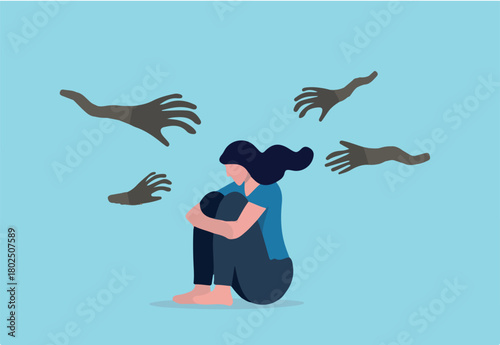 Woman abuse victim, violence or sexual harassment fear, depression or anxiety problem, social bullying or marriage suffering concept, solitude depressed woman victim sitting with abusive hands.
