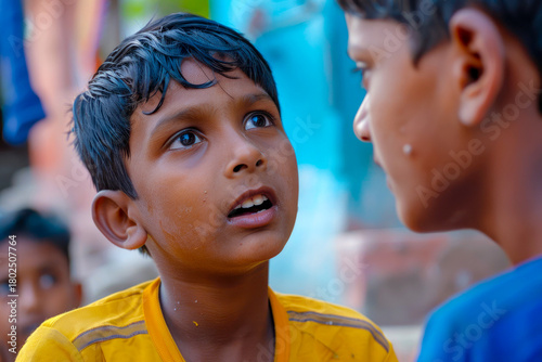 An Indian boy passionately discussing history and politics, his intelligence evident in his depth of knowledge and his ability to critically analyze complex social issues.