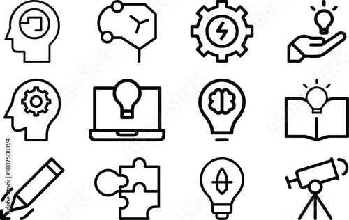 Creative Thinking Outline Icons Set Artificial Intelligence Innovative Idea Brainstorm Solution Conceptualization Head Gears Lightbulbs Symbols