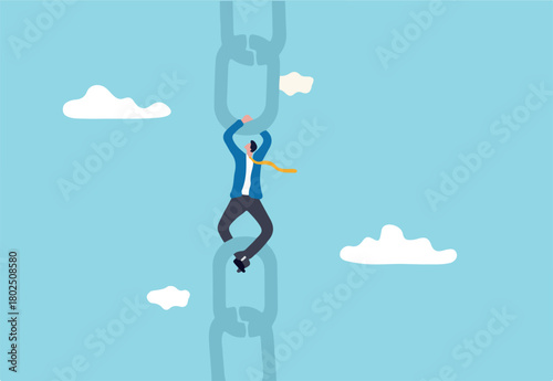 Supply chain problem, risk or vulnerability of industrial business, connection or management to hold chain together concept, fatigue businessman manager holding metal chain together. 