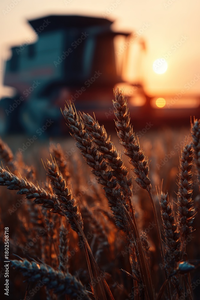 Obraz premium Macro View of Wheat Heads at Sunset with Harvesting Machinery in Background