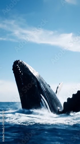 Humpback whale breaching the surface of the ocean blue water spray marine mammal in the sea sunny day