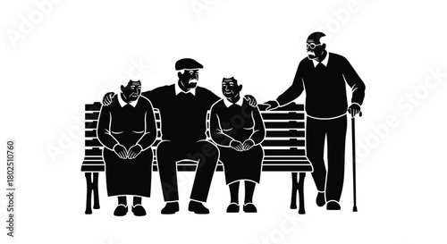 Celebrate the wisdom of age with this evocative graphic of seniors relaxing on a park bench sharing stories and enjoying companionship together, Generative AI.