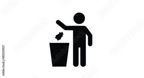 Stick figure throwing crumpled paper into trash bin promotes environmental responsibility and waste management highlighting cleanliness and recycling efforts, Generative AI.