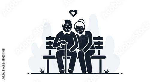 Lovely senior couple sitting on park bench in peaceful retirement enjoying a beautiful day full of love and happiness perfect for family and lifestyle designs, Generative AI.