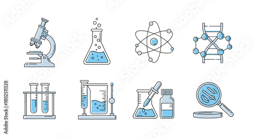 Explore stunning scientific instruments for lab research study science and chemical analysis with modern beaker microscope and DNA models, Generative AI.