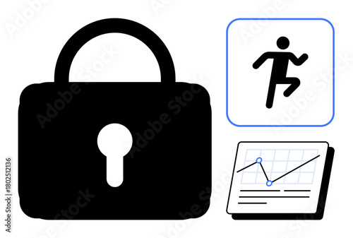 Large lock symbol for security, user activity icon, and data chart representing protection, analytics, and movement monitoring. Ideal for privacy, data analysis, user behavior, security digital