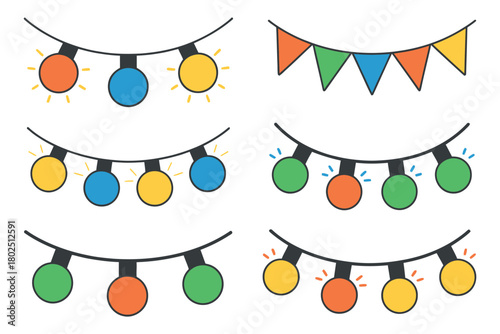 A collection of decorative string lights and bunting flags for celebrations