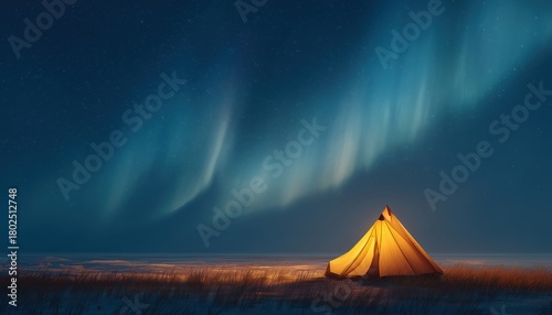 Stunning Northern Lights Illuminating A Yellow Tent In A Winter Field Under A Starry Sky With Aurora Borealis. Breathtaking Night View