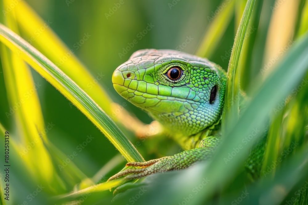 Fototapeta premium Green Lizard Peeking Through Grass