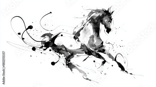 Stylized Horse in Black Ink with Abstract Symbols and Splash Effects