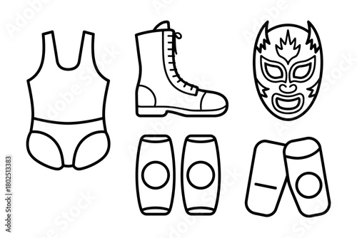 Illustration of wrestling gear including a leotard, boots, mask, and knee pads.