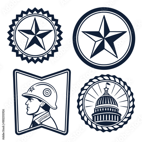 A collection of military and governmental icons isolated on, featuring stars, a soldier, and the capitol building, symbolizing patriotism, service, and national identity in a vintage style