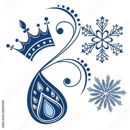 An elegant blue design isolated on, featuring a crown, water drop, and snowflakes intertwined with decorative swirls, creating a sophisticated and wintery aesthetic