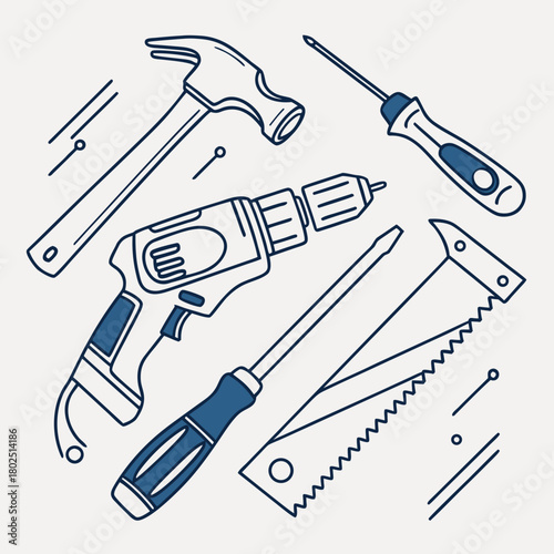 Illustration of various hand tools including hammer, drill, screwdriver, and saw isolated on the design is simple, clean and modern, perfect for use in a variety of projects