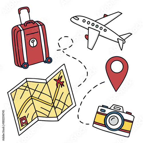 Illustration of travel essentials isolated on, featuring a suitcase, airplane, map, location pin, and camera, all connected by a dotted line, symbolizing a journey or vacation plan