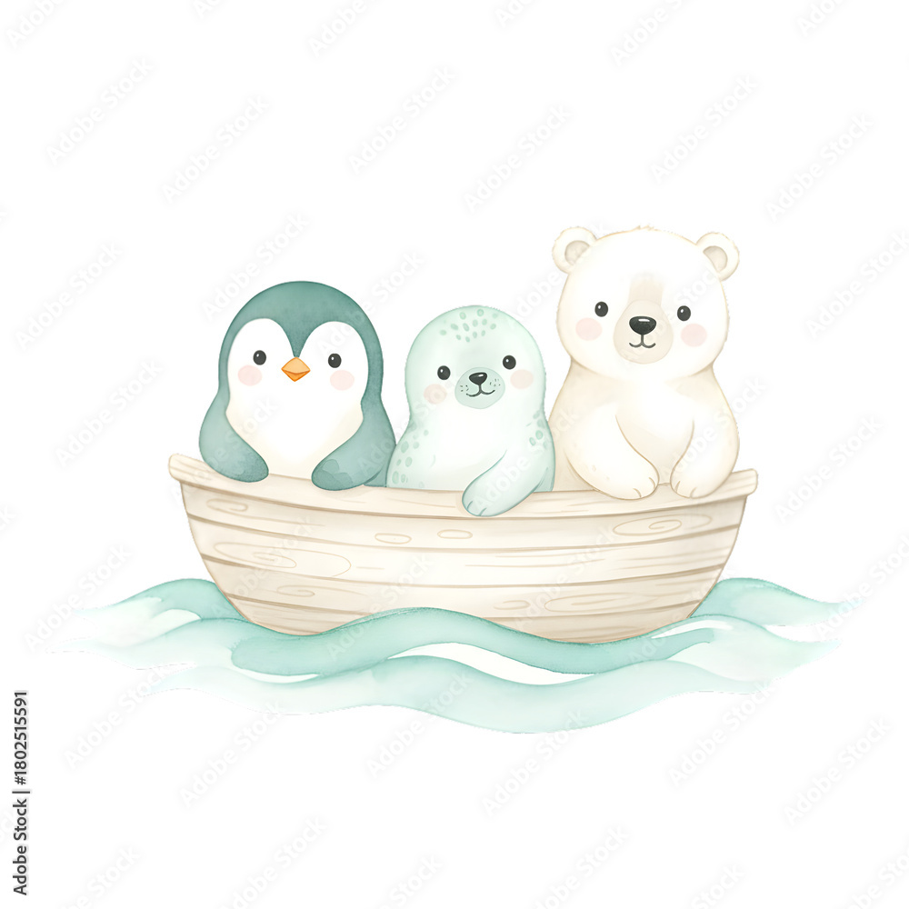 Obraz premium Watercolor Illustration of Arctic Animals in Boat