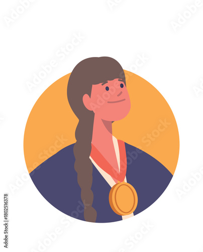 Woman wearing golden medal reward