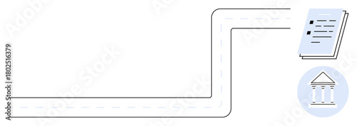 Curved road with dashed markings connecting to a document stack and government building icon. Ideal for planning, government process, compliance, law, policy, documentation, simple flat metaphor