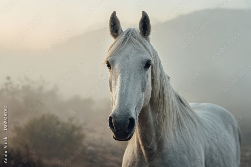 Obraz premium White Mare in Foggy Sunrise with Serene Atmosphere