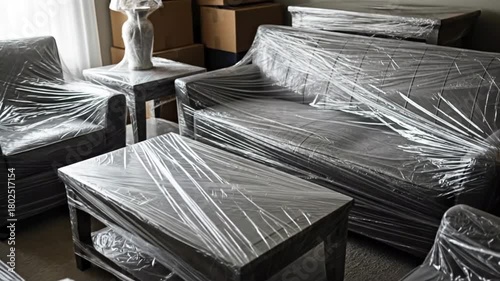 Furniture wrapped in plastic wrap.  Furniture wrapped in clear plastic for moving.