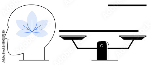 Human head with lotus symbol represents mindfulness, paired with scales conveying mental balance and equality. Ideal for mindfulness, psychology, mental health, meditation, decision-making, harmony