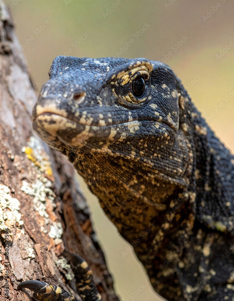 Obraz premium Close-up of a reptile's head and eye, perched on tree bark