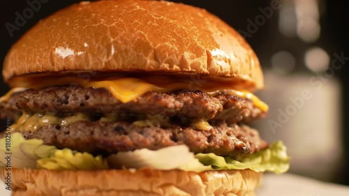 Wallpaper Mural Macro shot of a juicy double cheeseburger with sesame bun, cheese melting, dark background, for food ads Torontodigital.ca