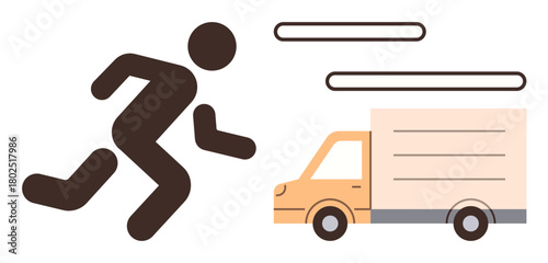 Person running after delivery truck, motion lines emphasize speed. Ideal for delivery, logistics, urgency, efficiency, service, transportation, simple flat metaphor