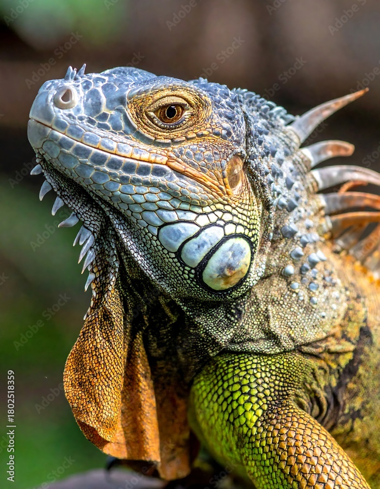 Fototapeta premium Close-up of a reptile's head with detailed scales and vibrant colors
