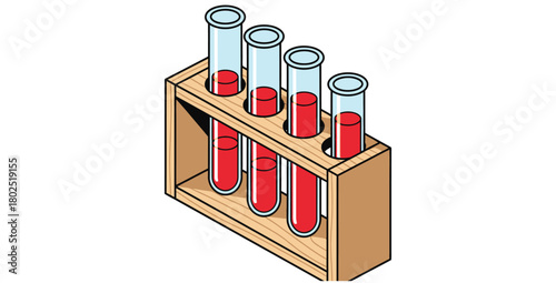 Test tubes with red liquid in a wooden rack for scientific research and experiments