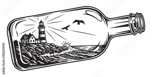 Lighthouse and seascape inside a glass bottle with birds flying in a nautical concept