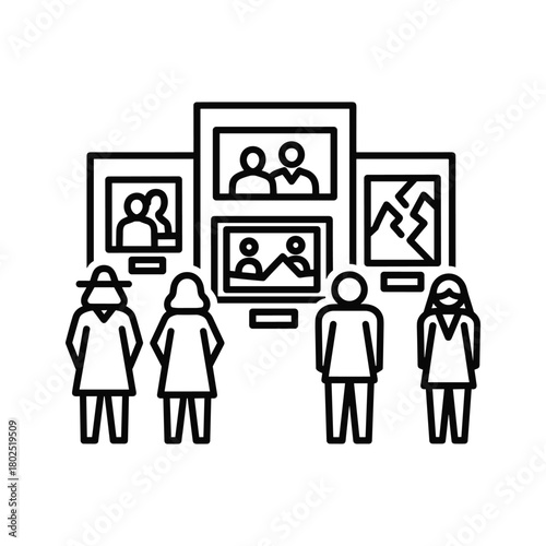 Ornate stage curtains with valance and tie-backs, minimalist black line art icon, theater performance symbol, drama