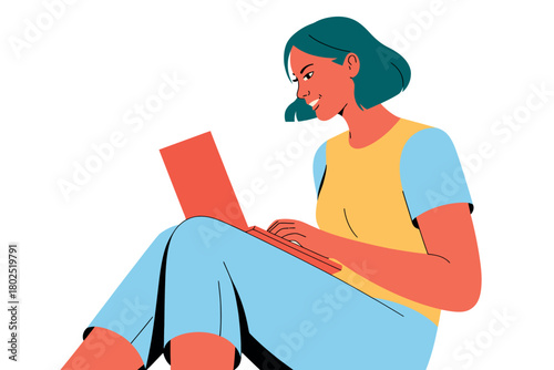 A person smiles while working on a laptop computer, sitting comfortably.