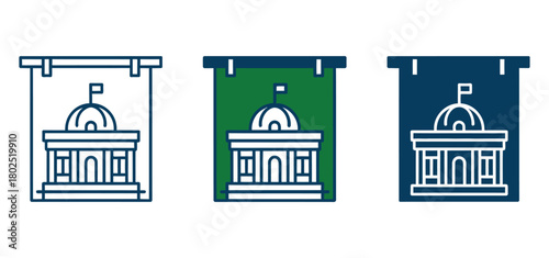 Three different stylized icons of a government building with a dome and flag.