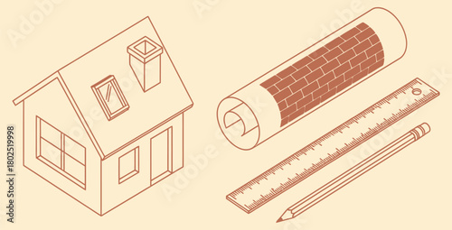 Isometric house design with blueprint ruler and pencil for architecture and construction