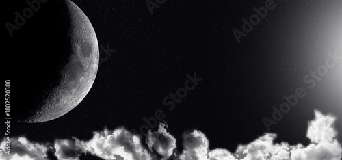 Big Moon stars and planets in space. Craters. Night sky. Air